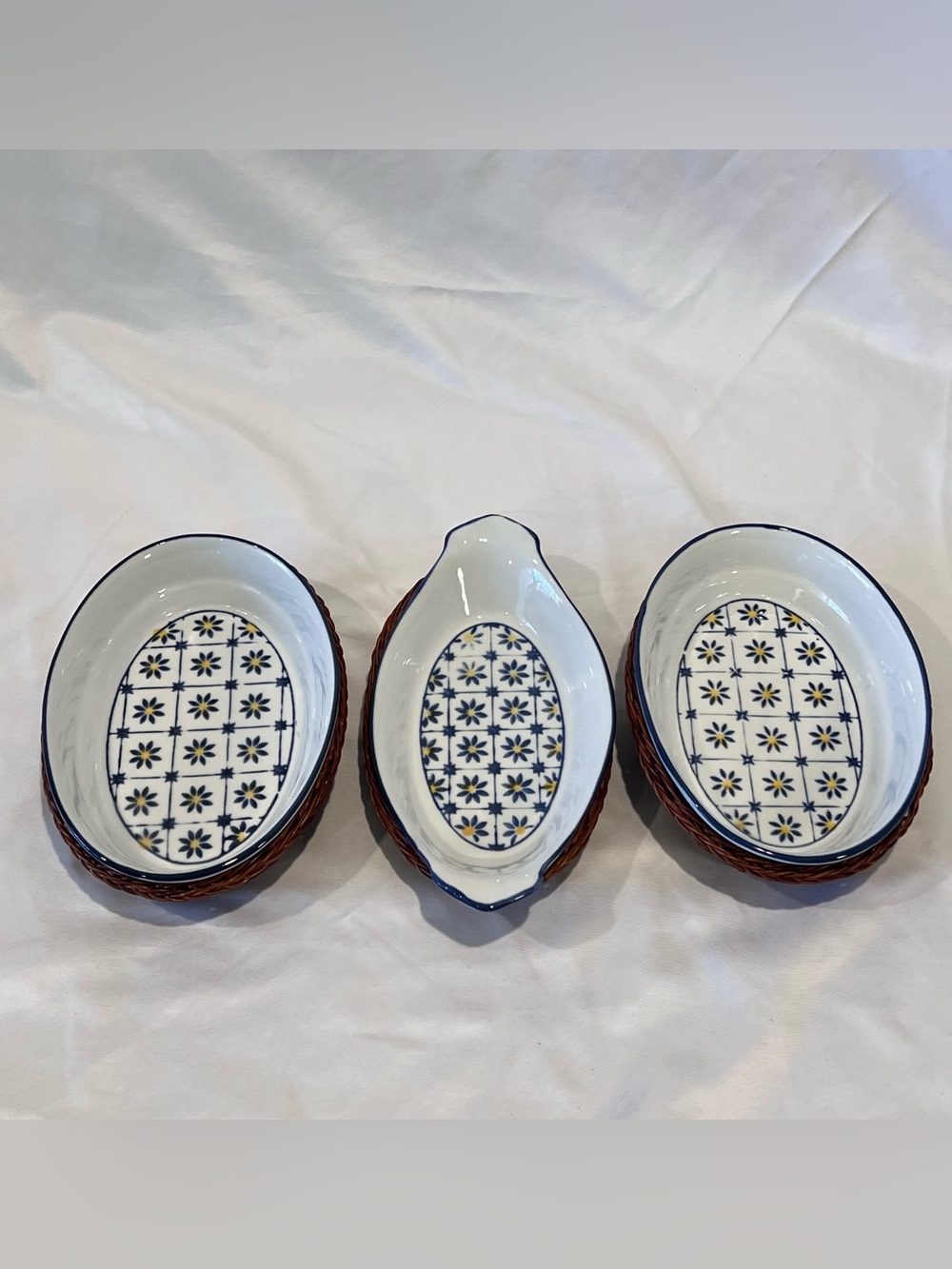 Blue Yellow Floral Ceramic Dishes Set of 3 Wicker Baskets
